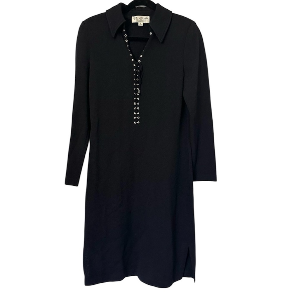 St. John Collection Lace Up Long Sleeve Knit Dress Womens 6 Black Cocktail